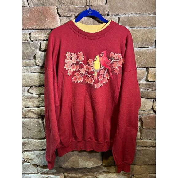 Vintage 1990s Women’s Bird Red yellow Nature Beautiful Crewneck Sweater - Picture 1 of 4